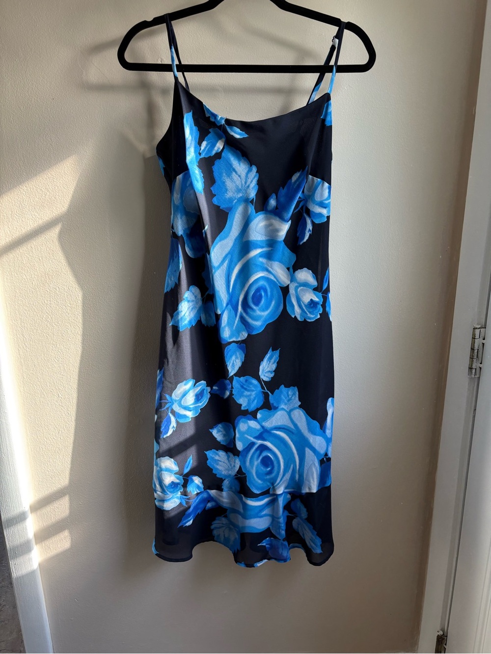 jonathan martin Black Strapless Slip Dress with Blue Rose Print